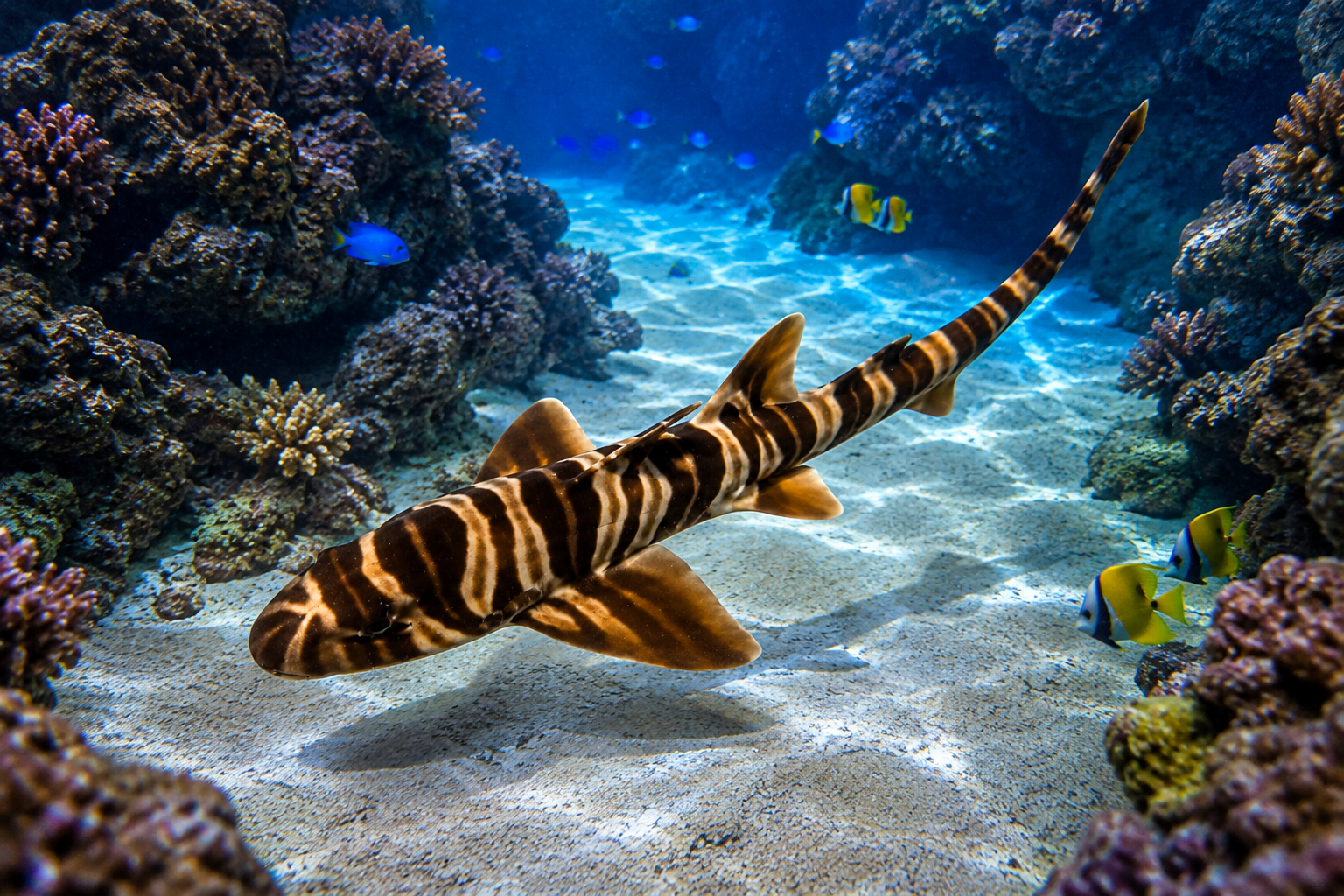 Zebra shark viewed from above in aquarium water